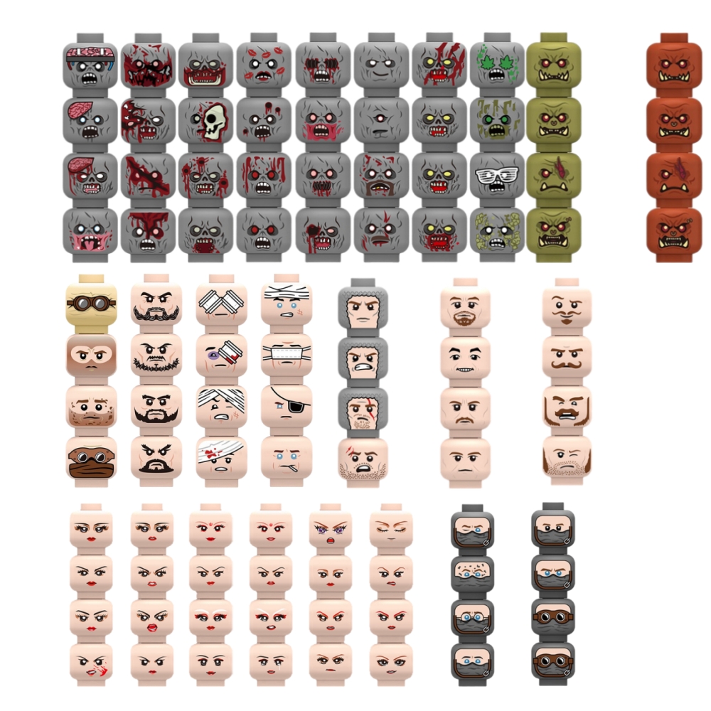 Lego Minifigure Holder - Gewonde emotionele gezichtshoofden bouwstenen, legerfiguren, zombiehoofden,